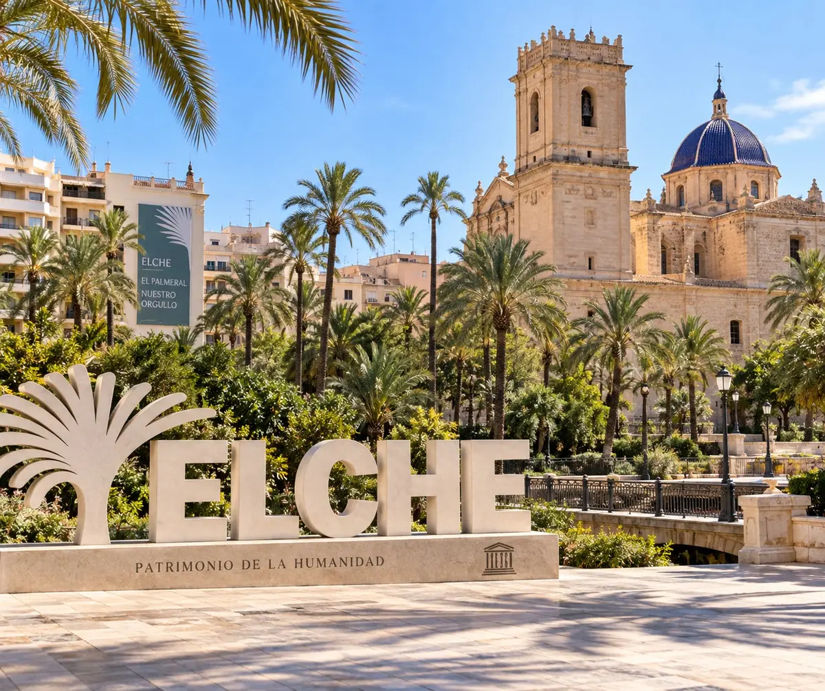 The Elche town sign beside the basilica of Santa Maria, in the palm grove we work across every day.